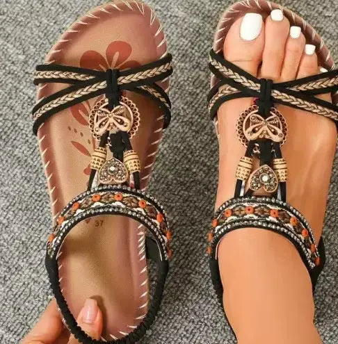 Large Size Flat Sandals Flower Rhinestone Sandals Beach Shoes Trendify