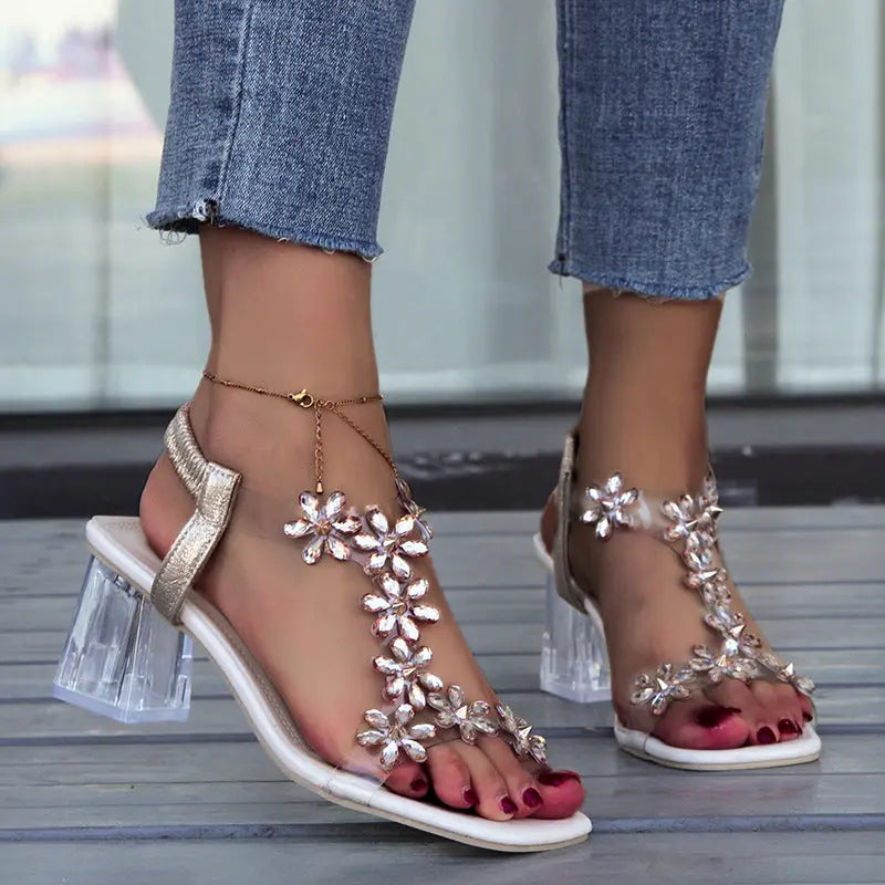 Fashion Flowers Sandals With Transparent High Square Heels Summer Square Toe Shoes For Women Trendify