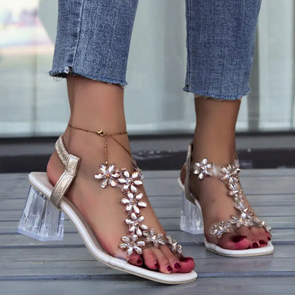 Fashion Flowers Sandals With Transparent High Square Heels Summer Square Toe Shoes For Women Trendify