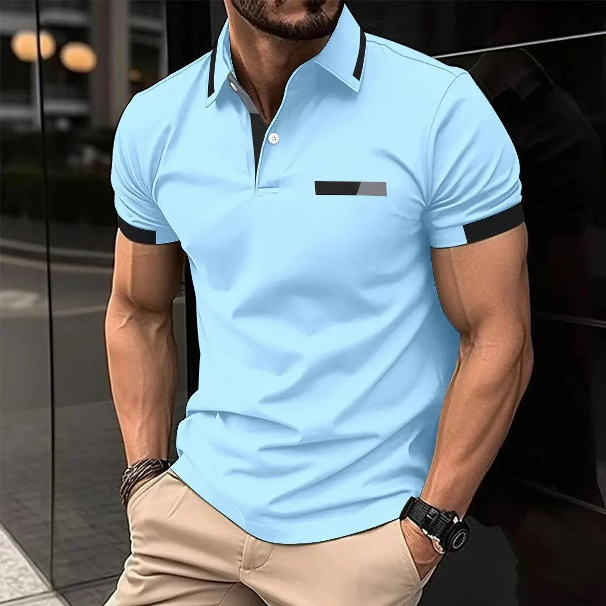 Men's Casual Polo Shirt Chest Faux Pocket Lapel Button Business T-shirt Trendify