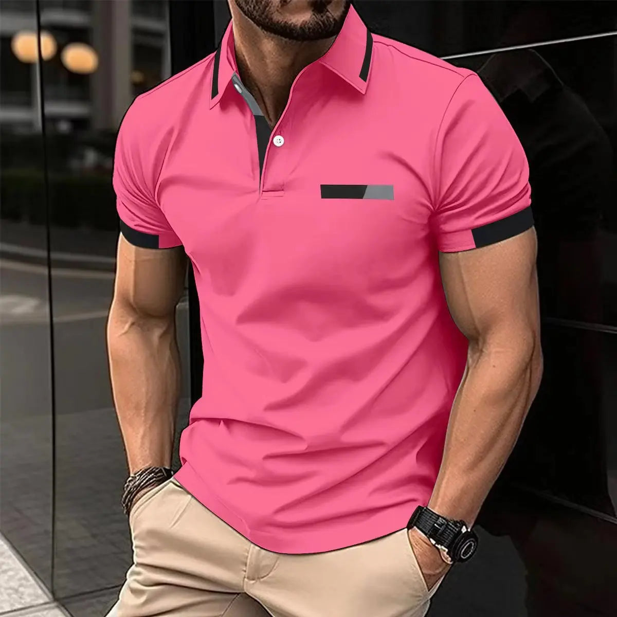 Men's Casual Polo Shirt Chest Faux Pocket Lapel Button Business T-shirt Trendify