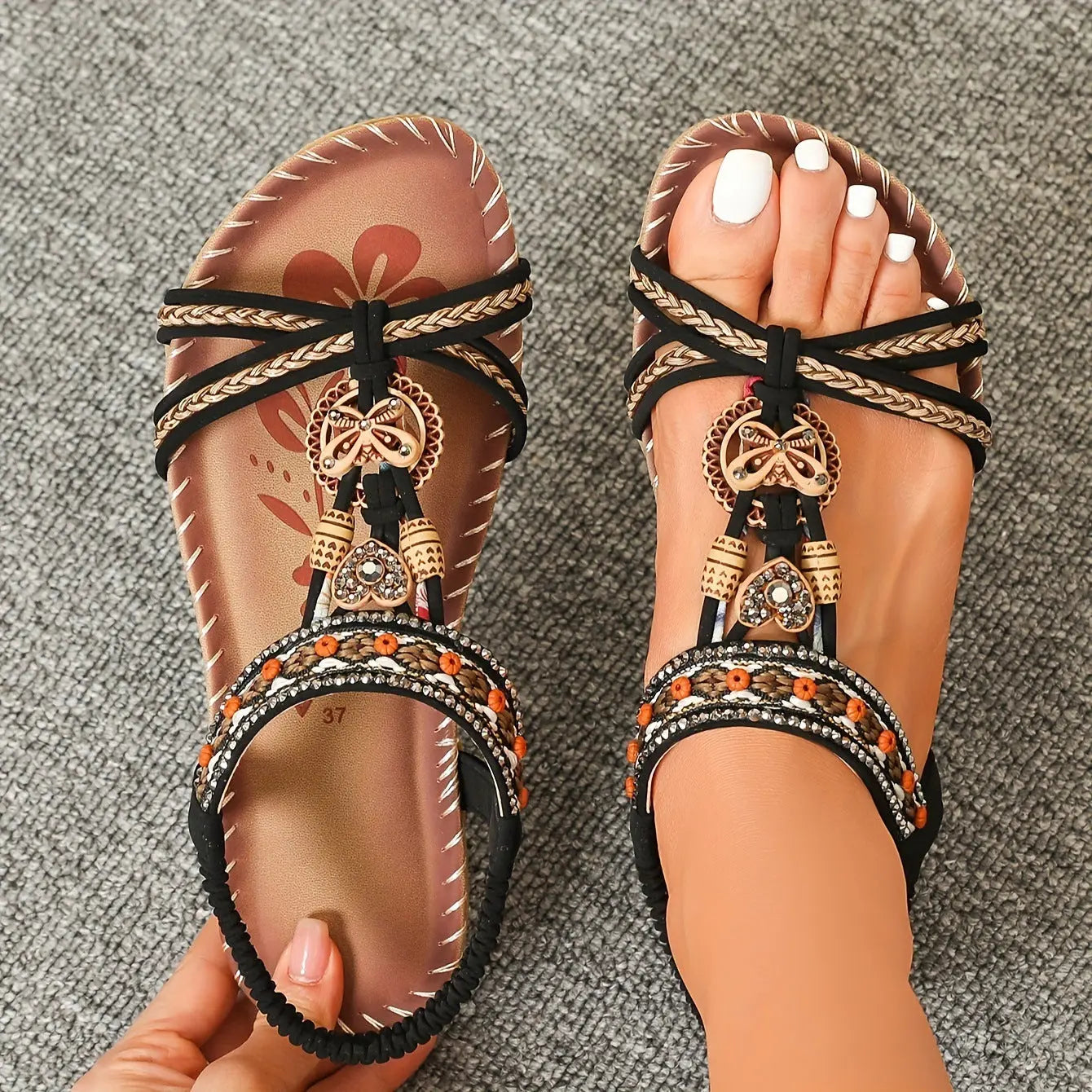 Large Size Flat Sandals Flower Rhinestone Sandals Beach Shoes Trendify