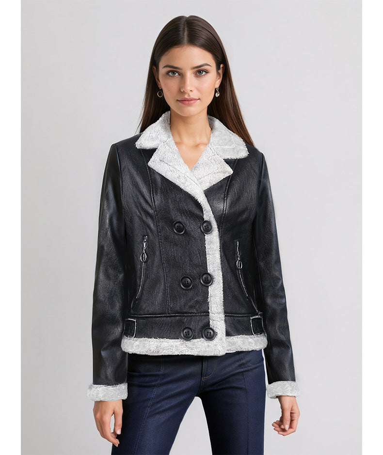 Fleece Padded Women's Leather Coat