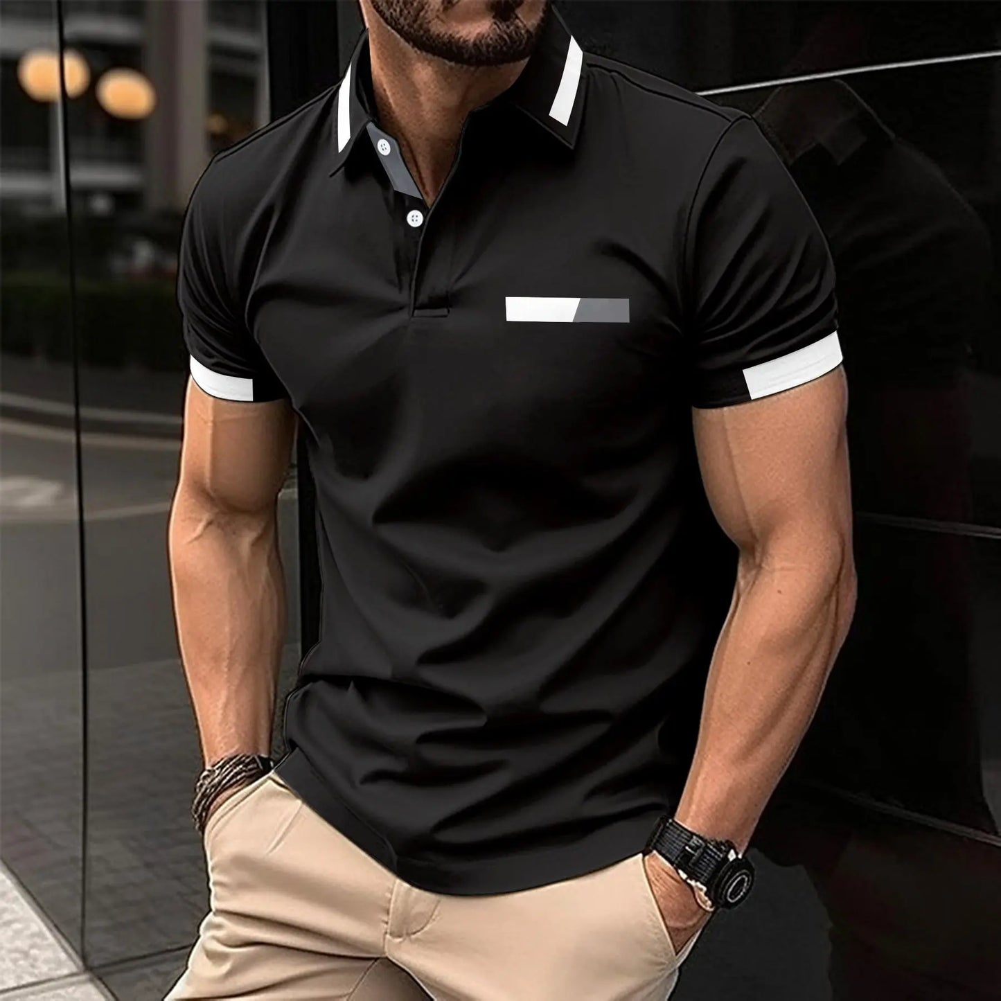 Men's Casual Polo Shirt Chest Faux Pocket Lapel Button Business T-shirt Trendify