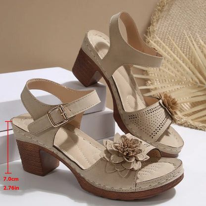Women's Flowers Chunky Heel Sandals Summer Plus Size Platform Shoes Trendify