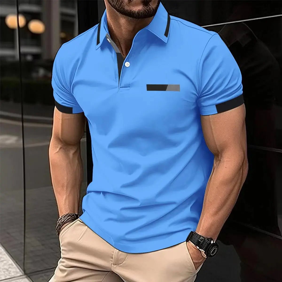 Men's Casual Polo Shirt Chest Faux Pocket Lapel Button Business T-shirt Trendify
