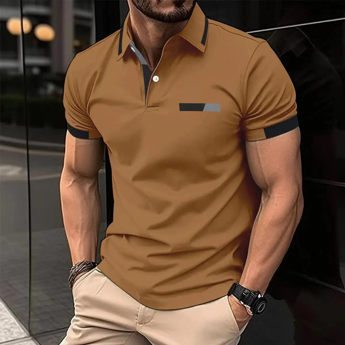Men's Casual Polo Shirt Chest Faux Pocket Lapel Button Business T-shirt Trendify