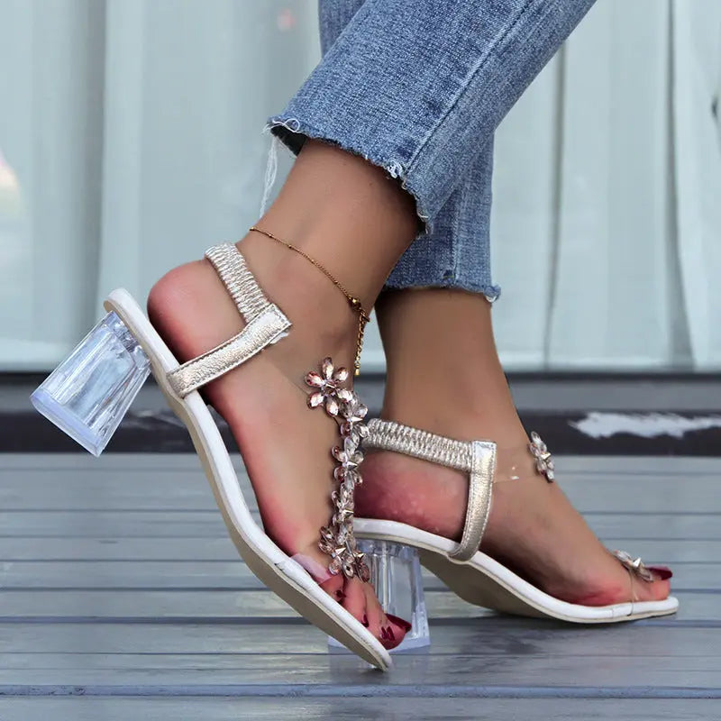 Fashion Flowers Sandals With Transparent High Square Heels Summer Square Toe Shoes For Women Trendify